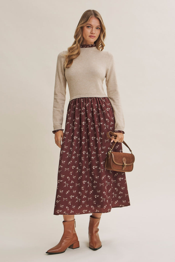 Mocha Floral Sweater Contrast Maternity Midi Dress