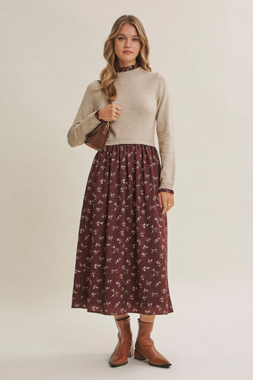 Mocha Floral Sweater Contrast Midi Dress