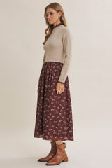 Mocha Floral Sweater Contrast Midi Dress
