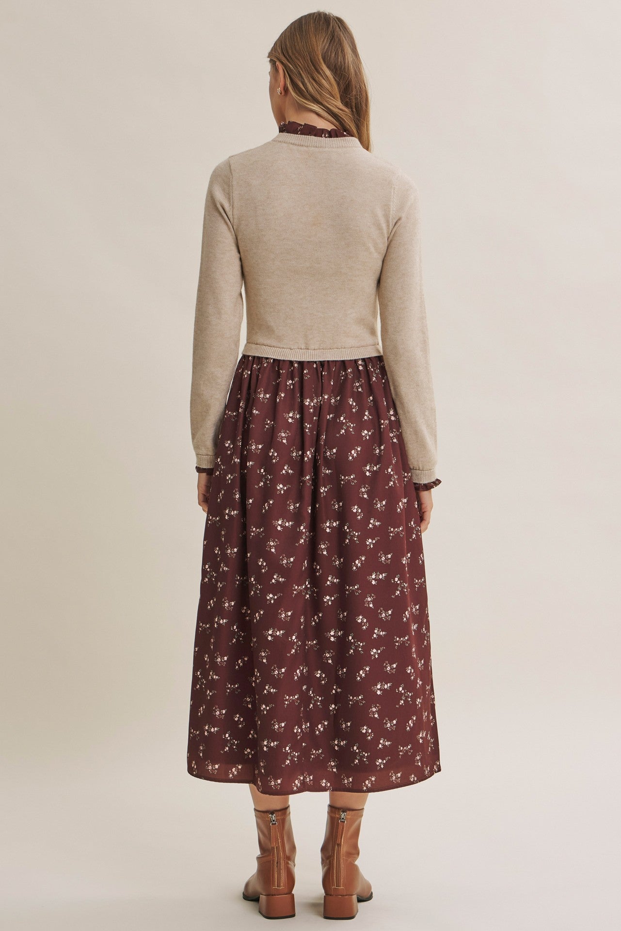Mocha Floral Sweater Contrast Midi Dress
