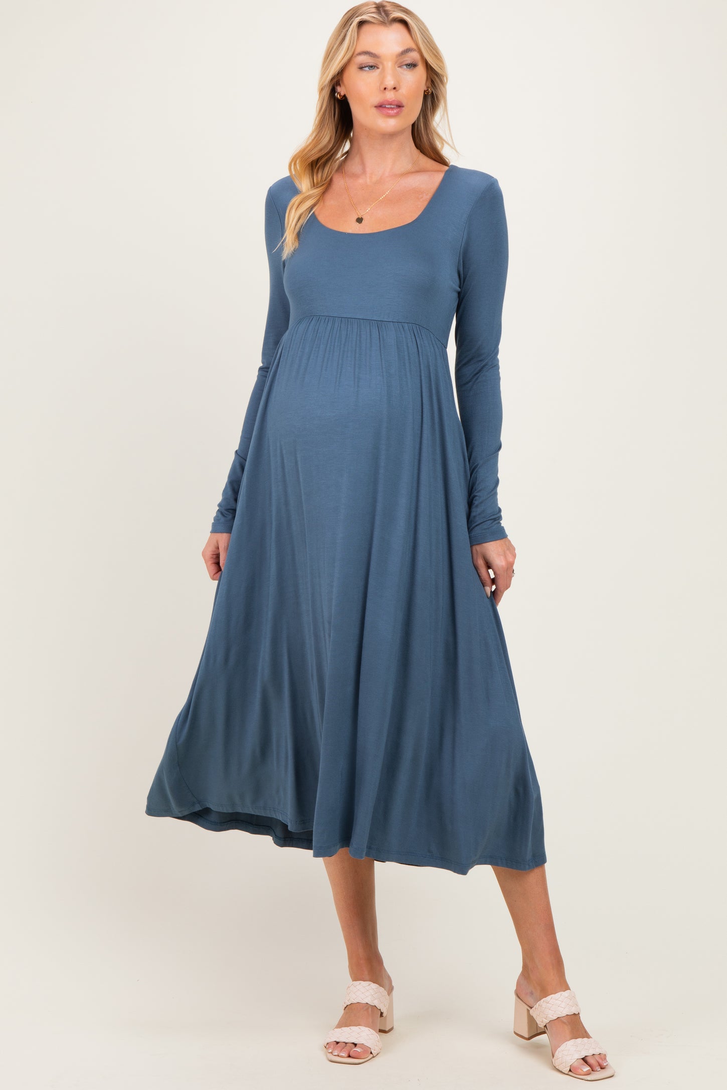 Teal Long Sleeve Scoop Neck Maternity Maxi Dress