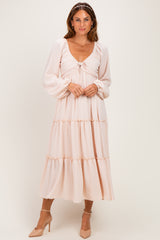Beige Tiered Long Sleeve V-Neck Maternity Maxi Dress