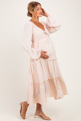 Beige Tiered Long Sleeve V-Neck Maternity Maxi Dress