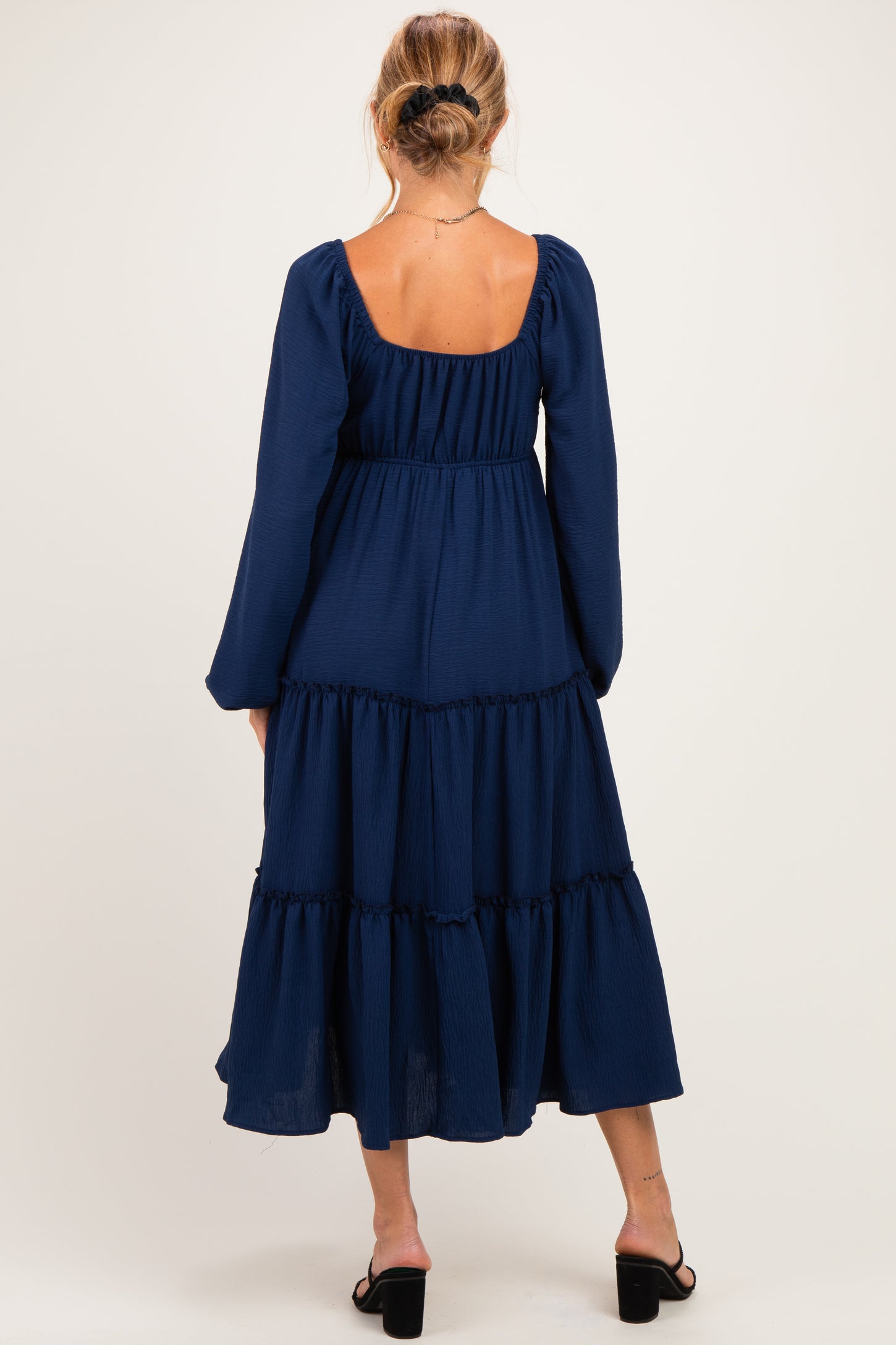 Navy Tiered Long Sleeve V-Neck Maternity Maxi Dress