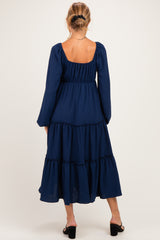 Navy Tiered Long Sleeve V-Neck Maternity Maxi Dress