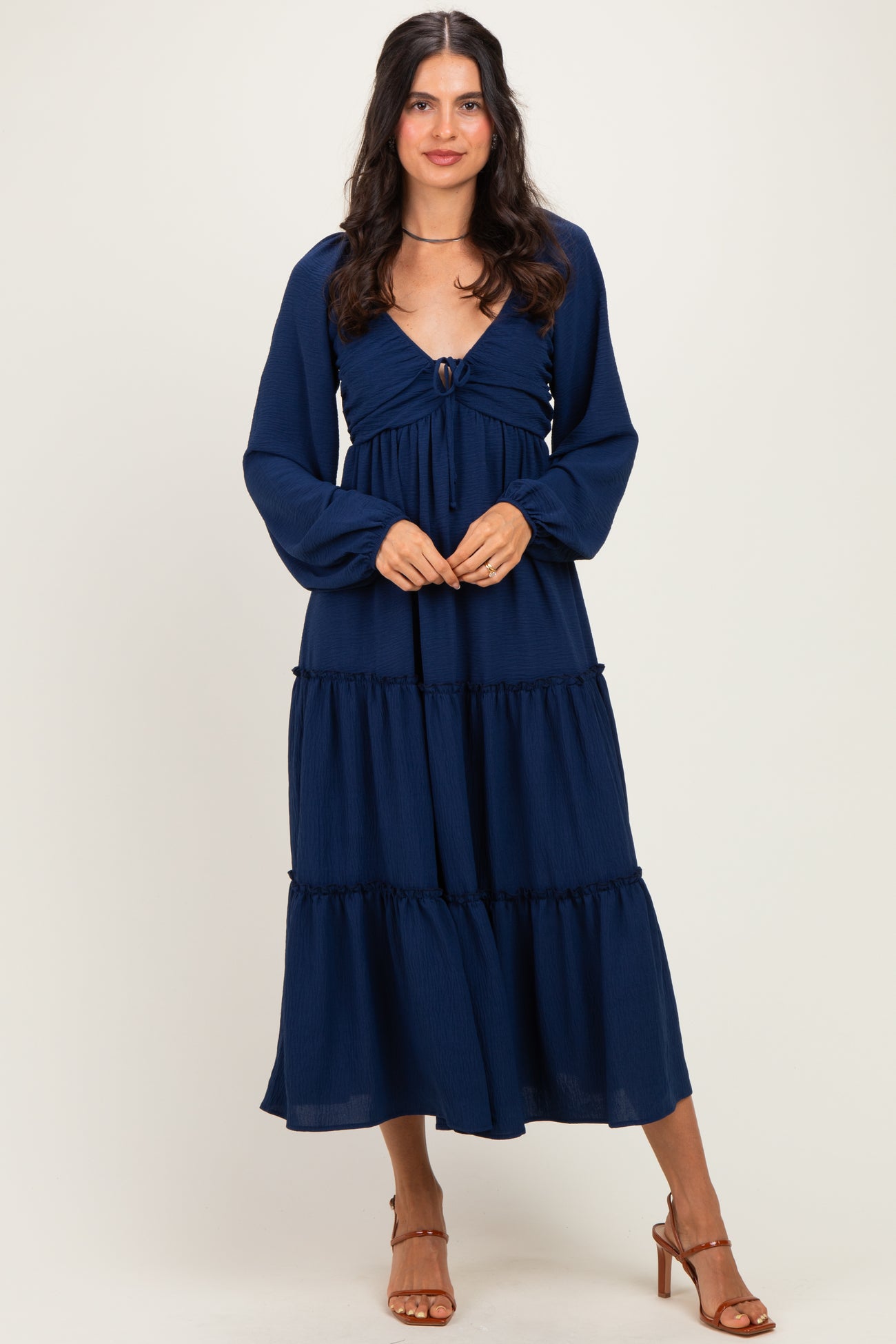 Navy Tiered Long Sleeve V-Neck Maxi Dress