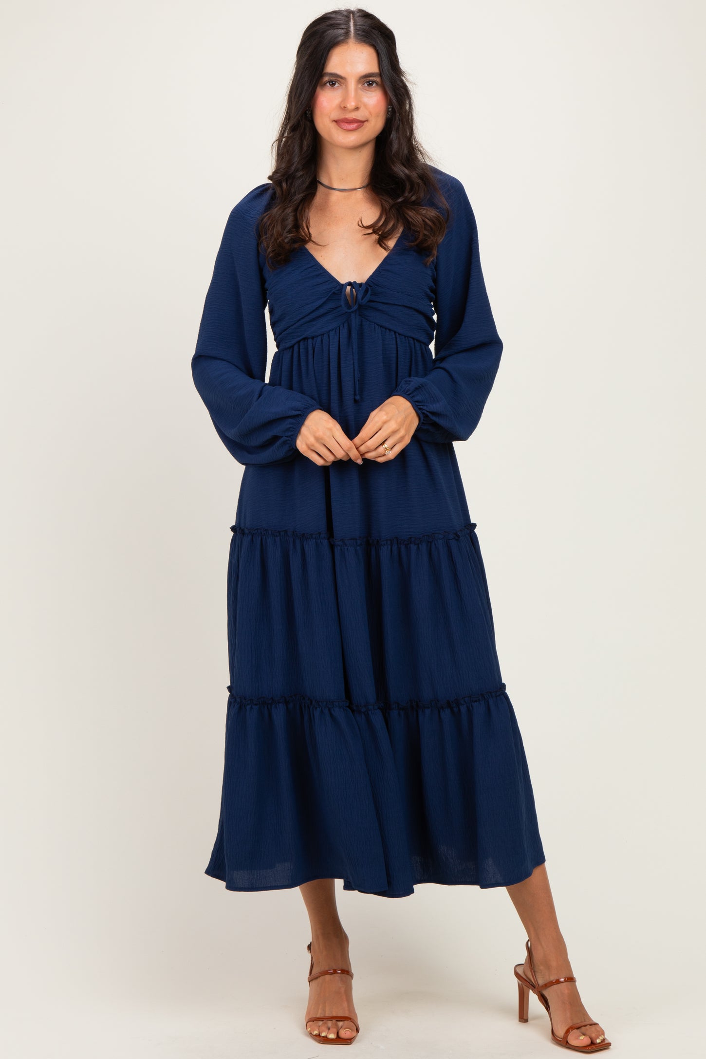 Navy Tiered Long Sleeve V-Neck Maxi Dress