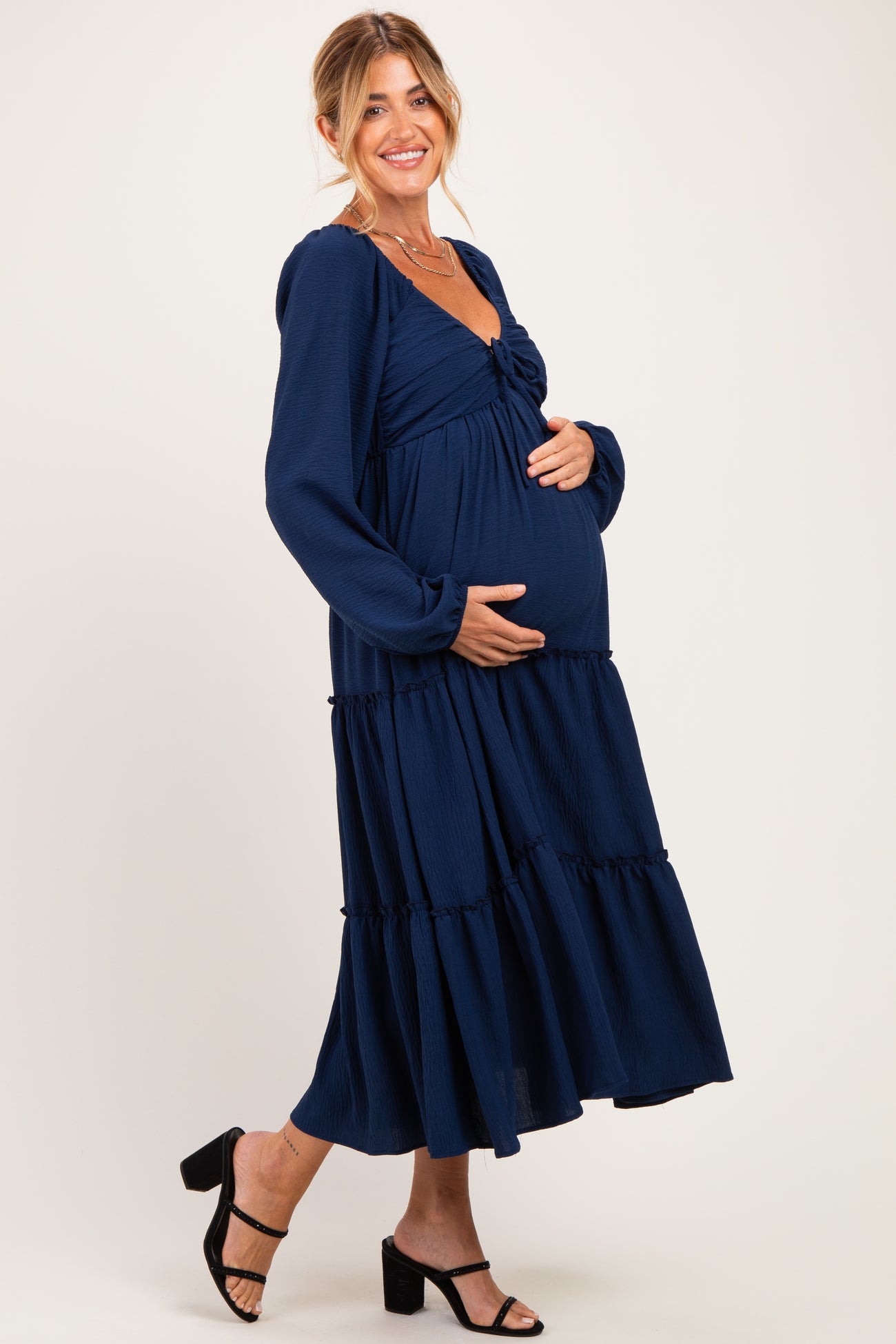 Navy Tiered Long Sleeve V-Neck Maternity Maxi Dress