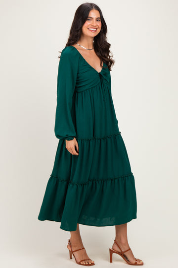 Hunter Green Tiered Long Sleeve V-Neck Maxi Dress