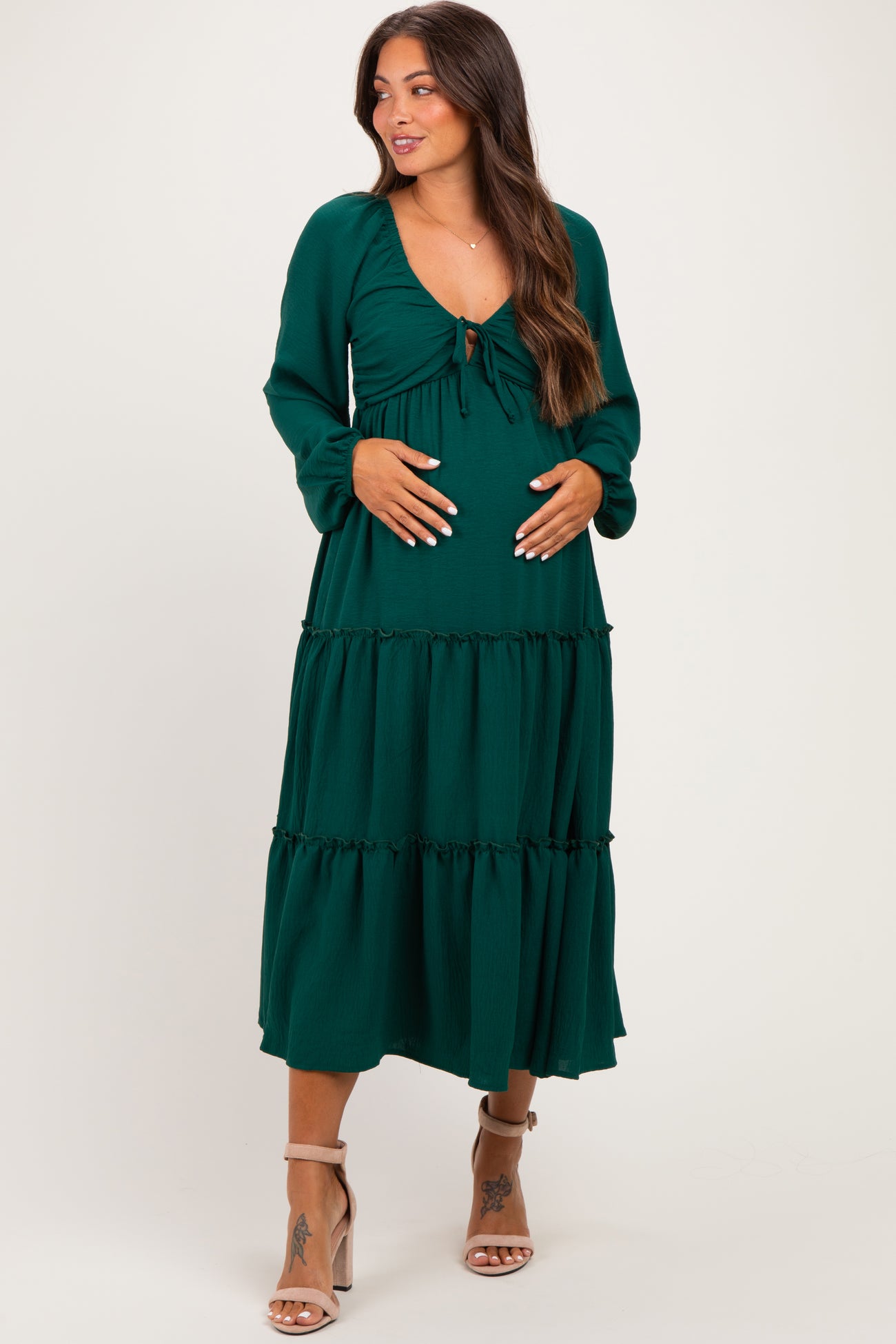 Hunter Green Tiered Long Sleeve V-Neck Maternity Maxi Dress