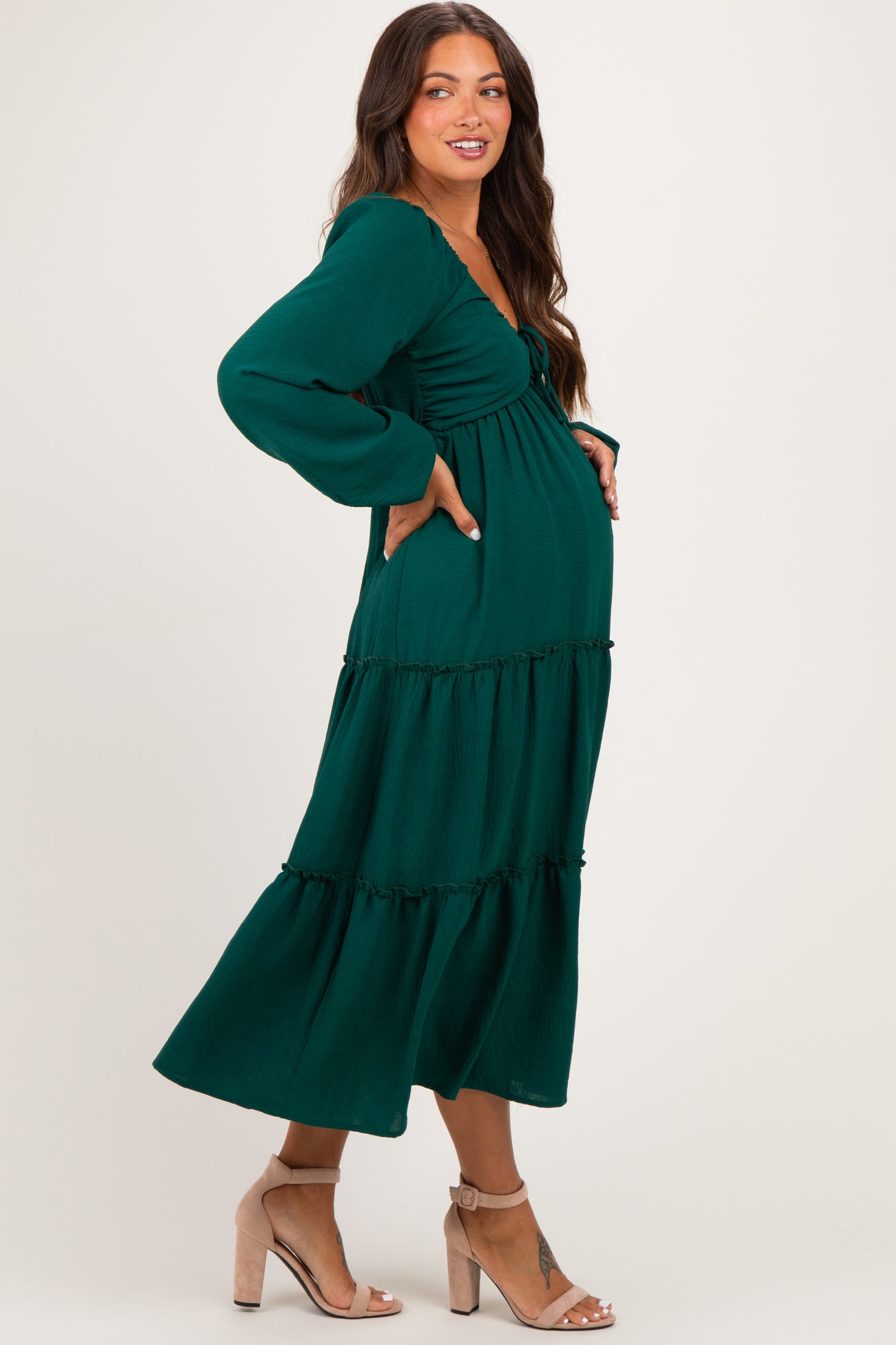 Hunter Green Tiered Long Sleeve V-Neck Maternity Maxi Dress