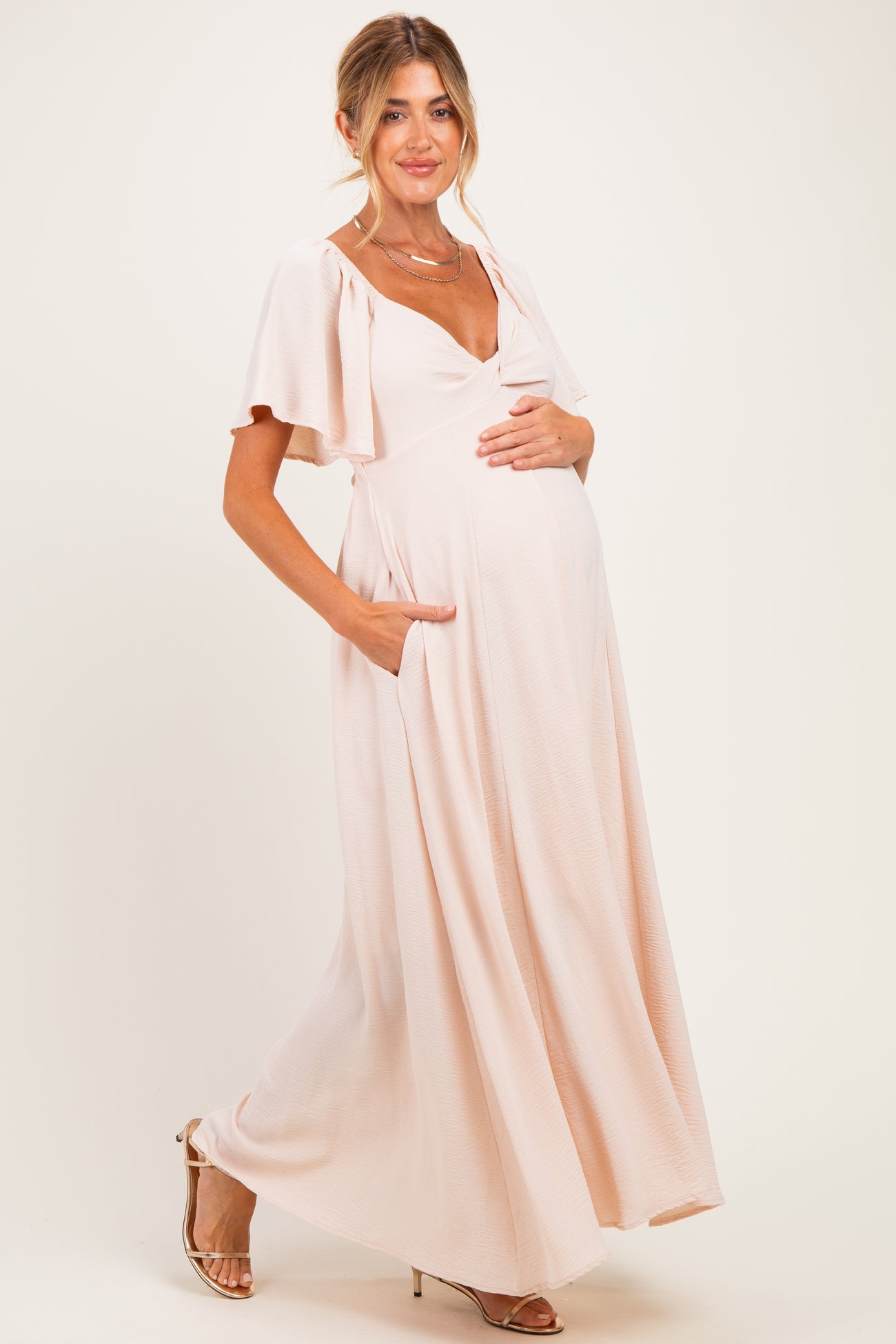Beige Knotted V-Neck Flutter Sleeve Maternity Maxi Dress