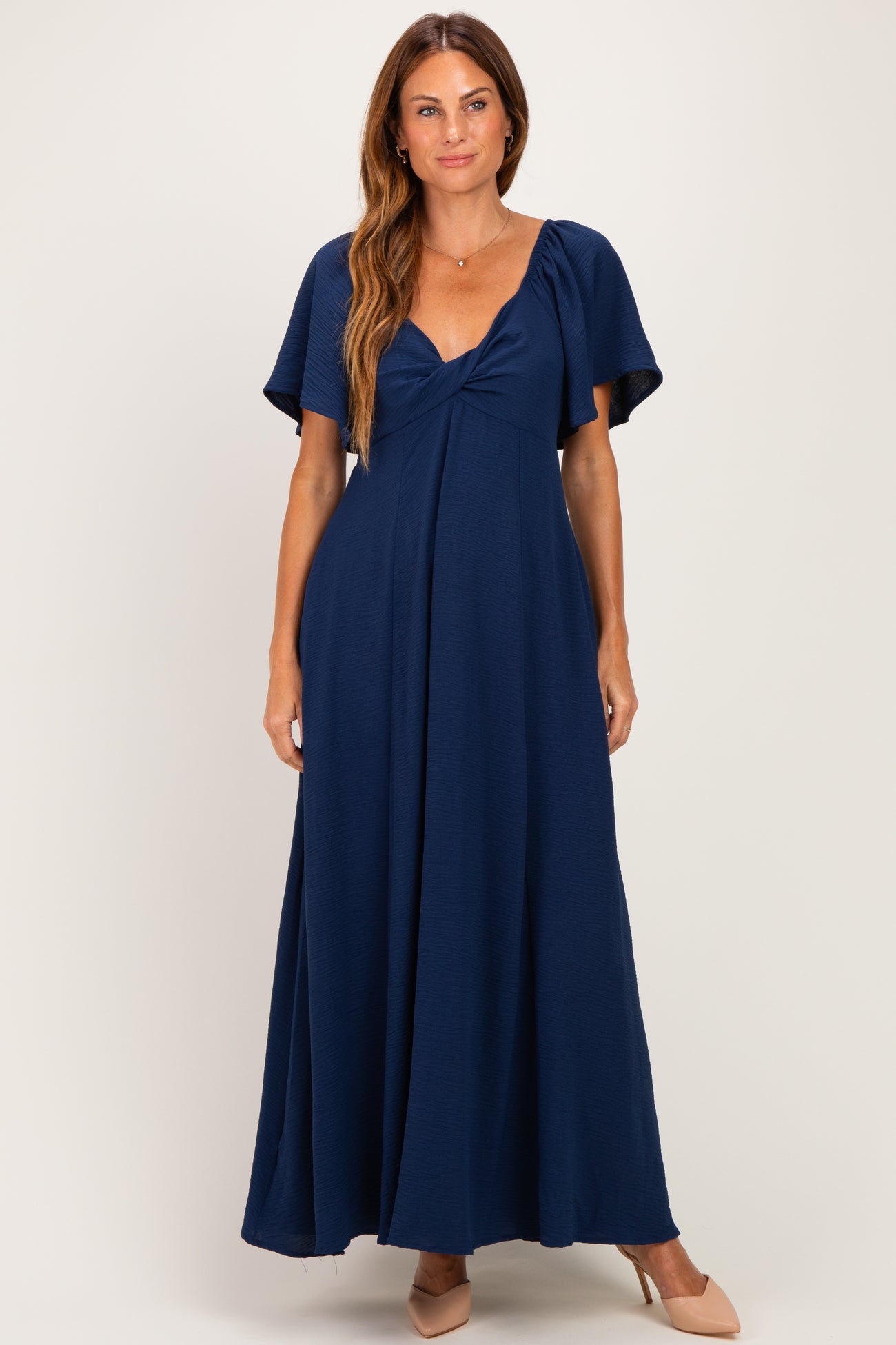 Navy Knotted V-Neck Flutter Sleeve Maternity Maxi Dress