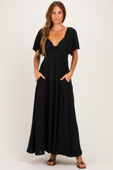 Black Knotted V-Neck Flutter Sleeve Maternity Maxi Dress