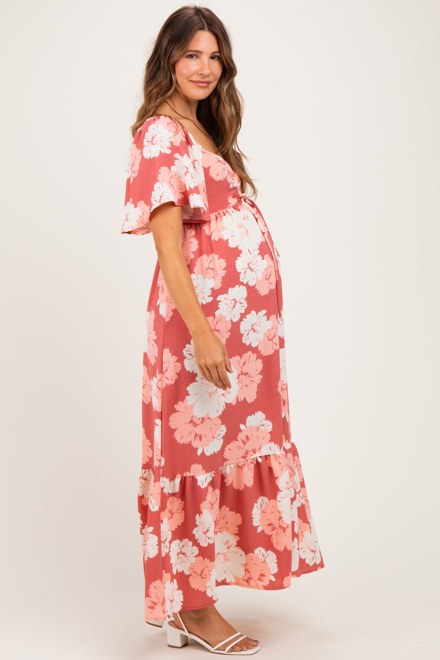 Pink/ Ivory Floral Ruched Bust Flutter Sleeve Maternity Maxi Dress