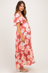 Pink/ Ivory Floral Ruched Bust Flutter Sleeve Maternity Maxi Dress