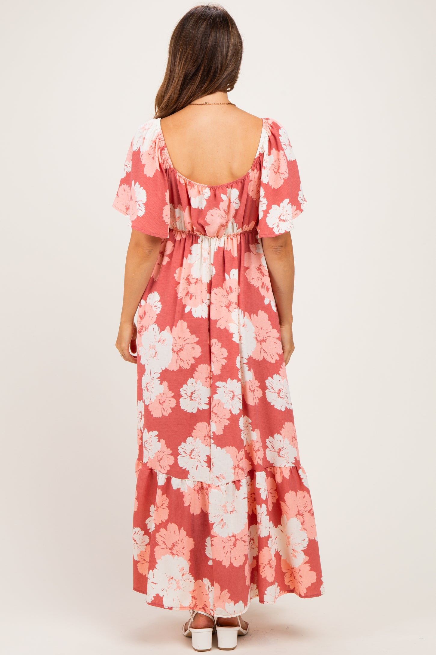 Pink/ Ivory Floral Ruched Bust Flutter Sleeve Maternity Maxi Dress