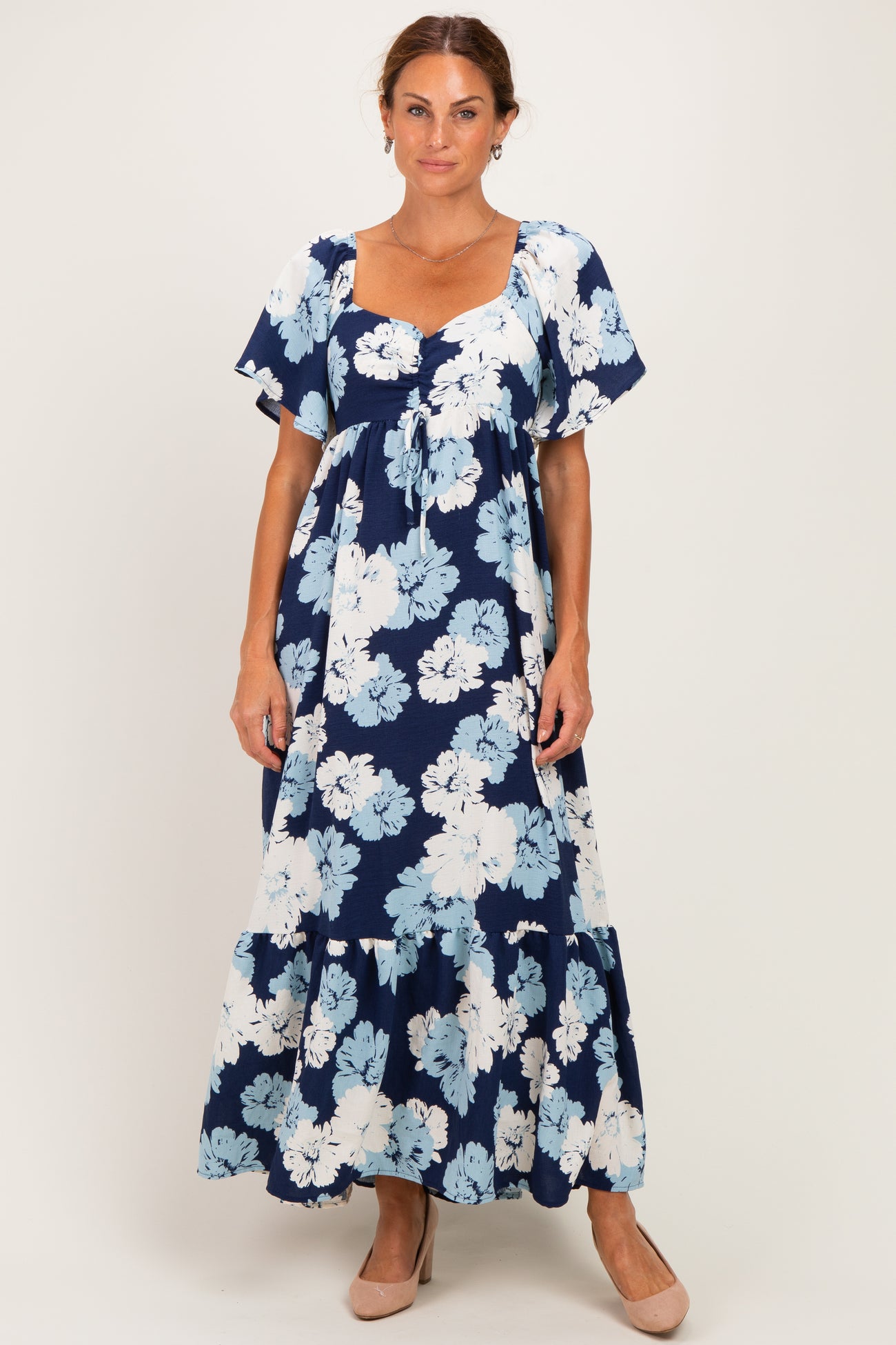 Navy/ Ivory Floral Ruched Bust Flutter Sleeve Maternity Maxi Dress