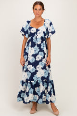Navy/ Ivory Floral Ruched Bust Flutter Sleeve Maternity Maxi Dress