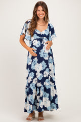 Navy/ Ivory Floral Ruched Bust Flutter Sleeve Maternity Maxi Dress
