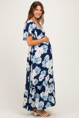 Navy/ Ivory Floral Ruched Bust Flutter Sleeve Maternity Maxi Dress