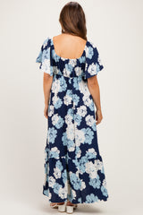 Navy/ Ivory Floral Ruched Bust Flutter Sleeve Maternity Maxi Dress
