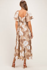 Taupe/ Ivory Floral Ruched Bust Flutter Sleeve Maternity Maxi Dress