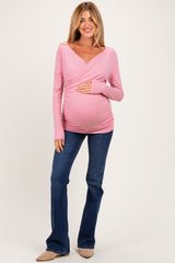 Mauve Ribbed Knit Long Sleeve Wrap Maternity Nursing Top