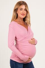 Mauve Ribbed Knit Long Sleeve Wrap Maternity Nursing Top