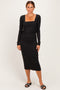 Black Fitted Long Sleeve Square Neck Midi Dress
