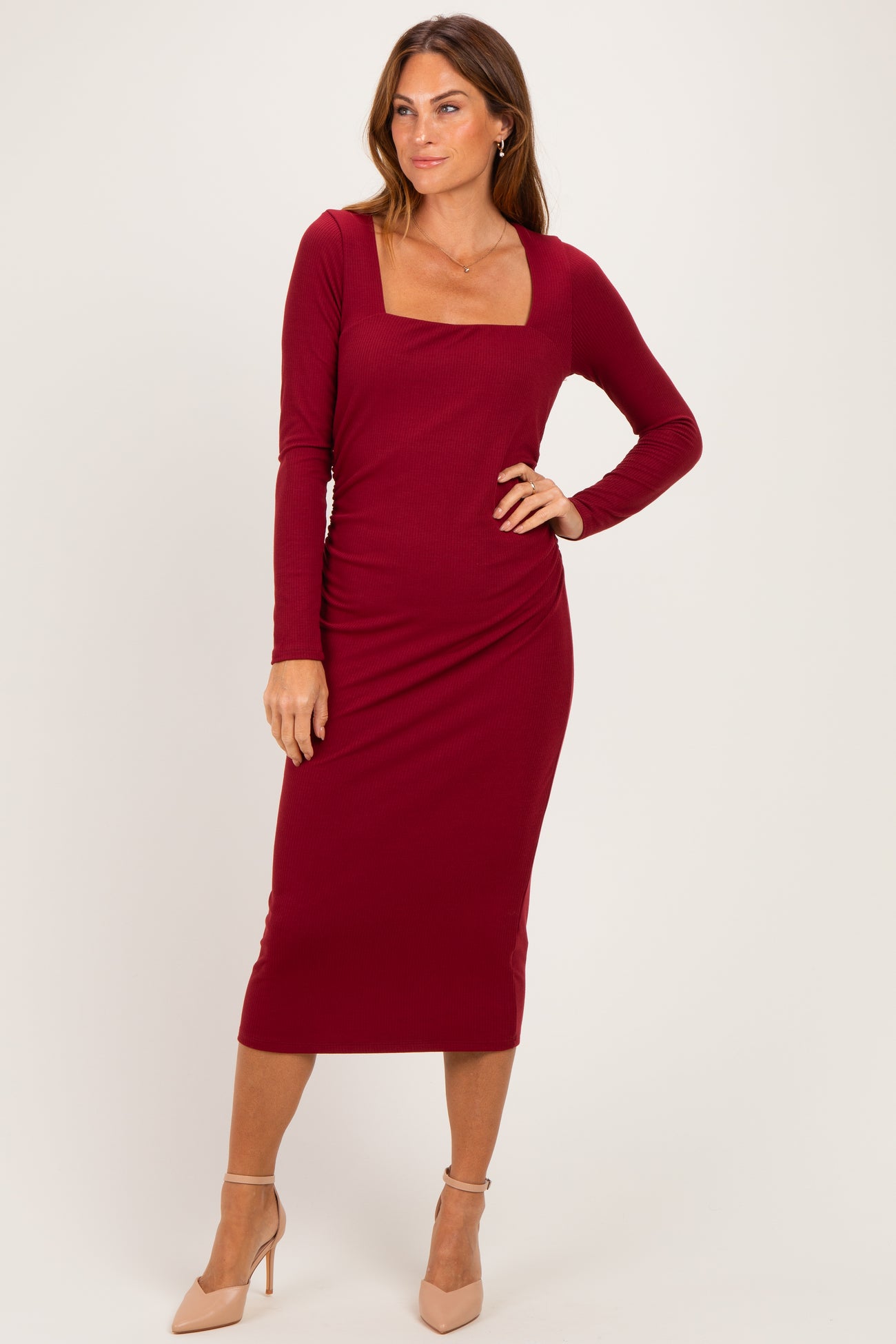 Burgundy Fitted Long Sleeve Square Neck Maternity Midi Dress