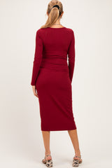 Burgundy Fitted Long Sleeve Square Neck Maternity Midi Dress