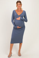 Blue Long Sleeve Wrap V-Neck Maternity Nursing Midi Dress