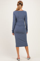 Blue Long Sleeve Wrap V-Neck Maternity Nursing Midi Dress