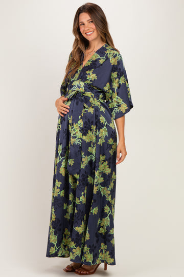 Navy Floral Satin Deep V-Neck Maternity Maxi Dress