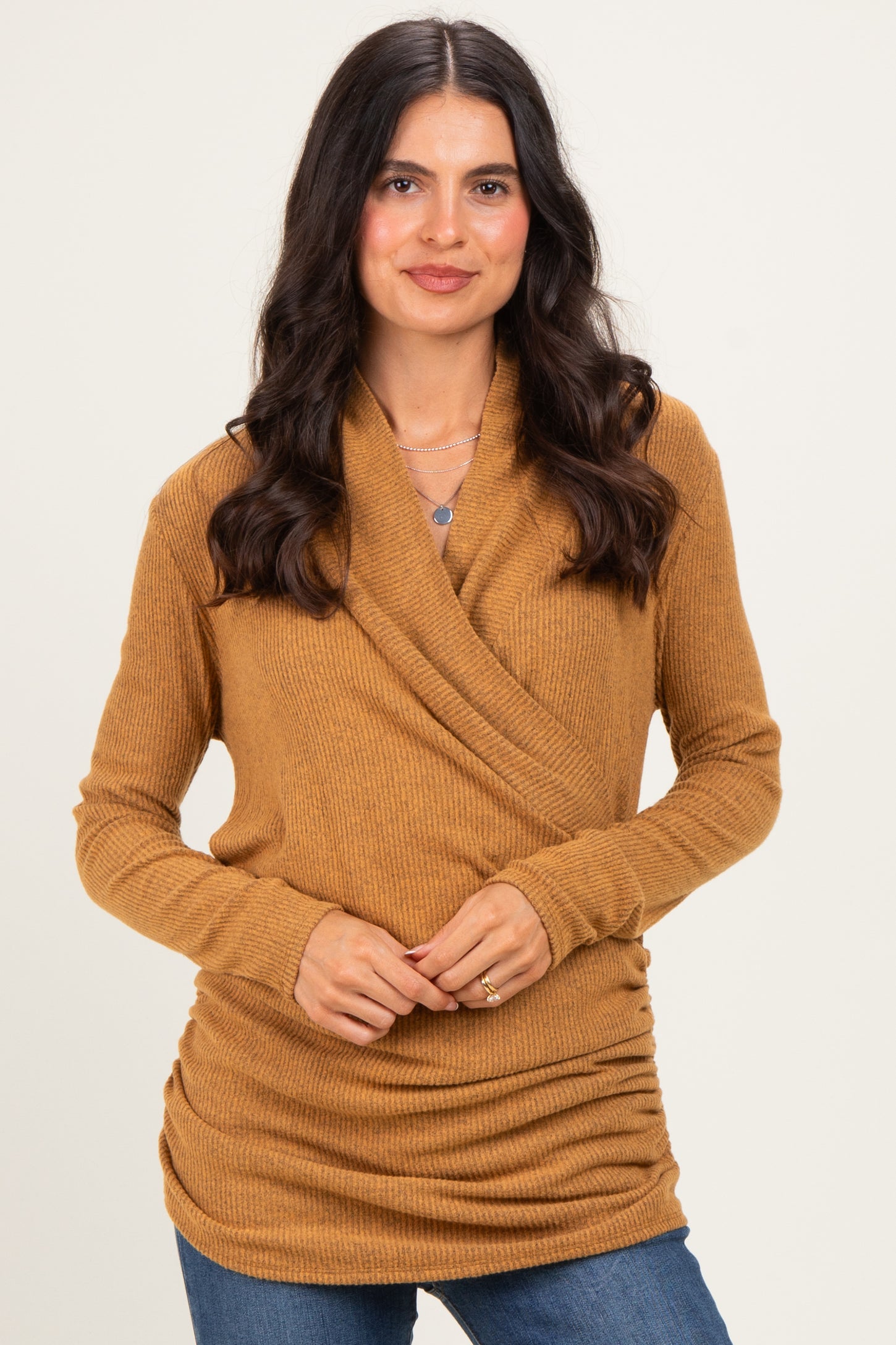 Mustard Soft Heathered Draped Wrap Maternity/Nursing Top
