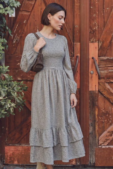 Dove Grey Floral Smocked Ruffle Hem Midi Dress
