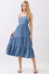 Medium Wash Denim Tiered Cami Midi Dress