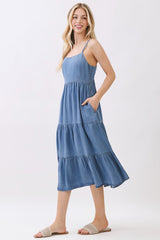 Medium Wash Denim Tiered Cami Midi Dress