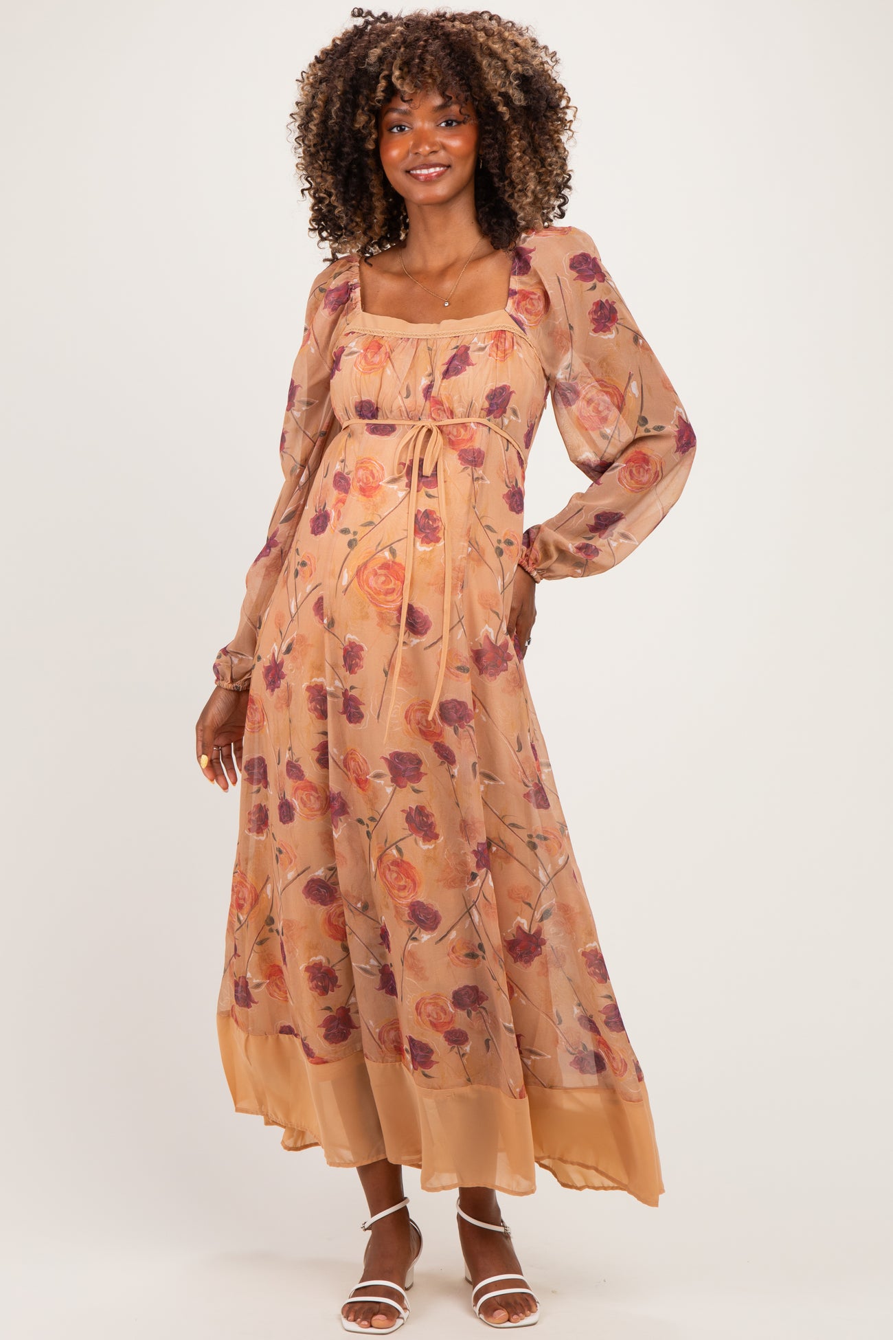 Sand Beige Floral Mesh Front Tie Maternity Maxi Dress