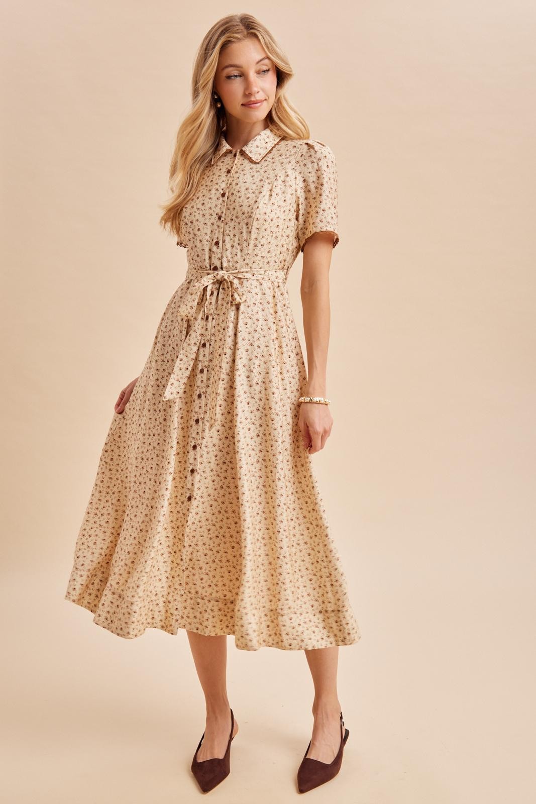 Buttercream Floral Button Down Tie Waist Maternity Midi Dress