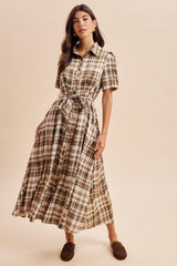 Dark Olive Plaid Button Down Maternity Midi Dress