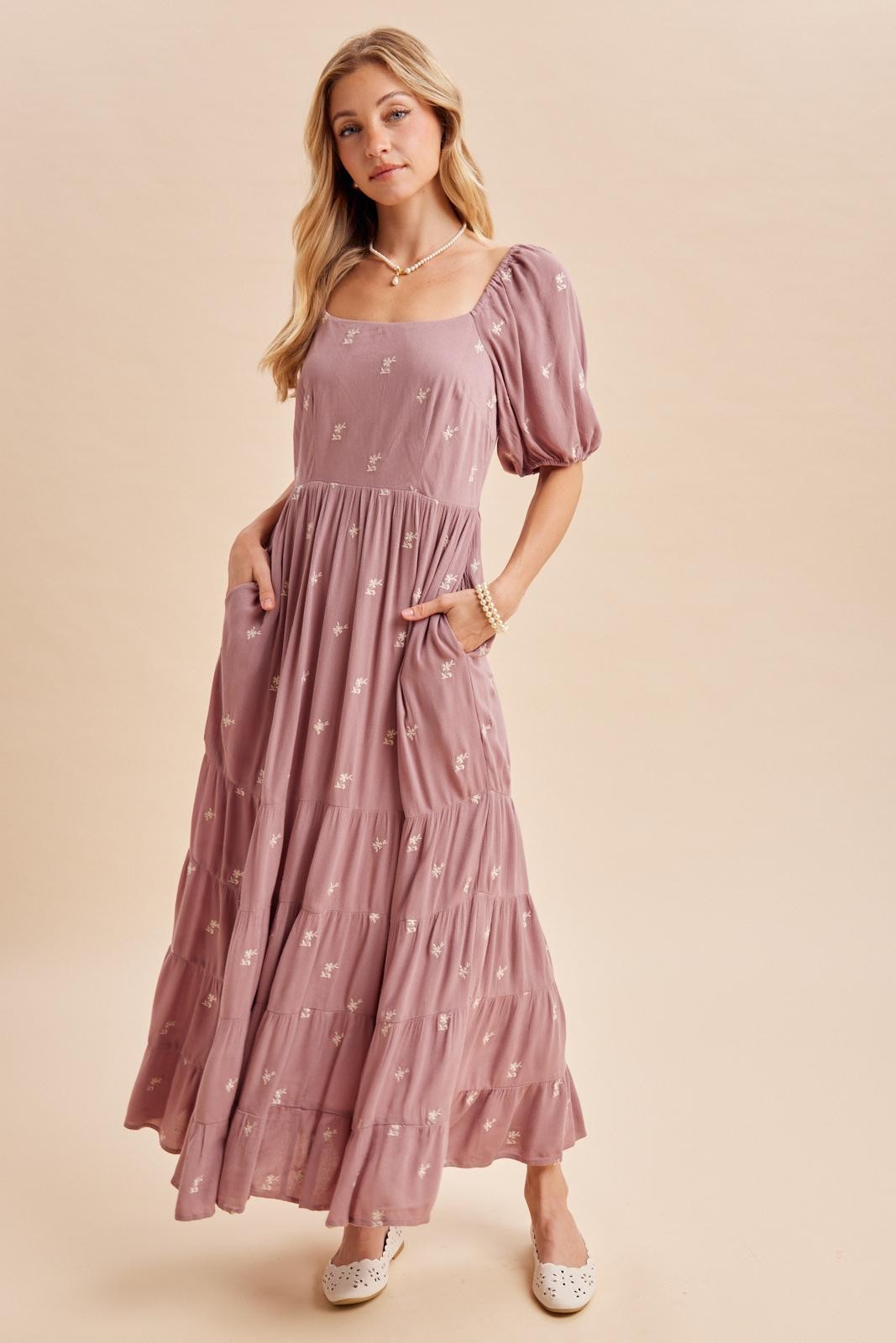 Mauve Embroidered Tiered Maternity Maxi Dress