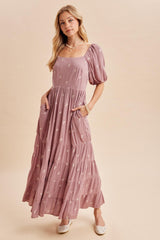 Mauve Embroidered Tiered Maternity Maxi Dress
