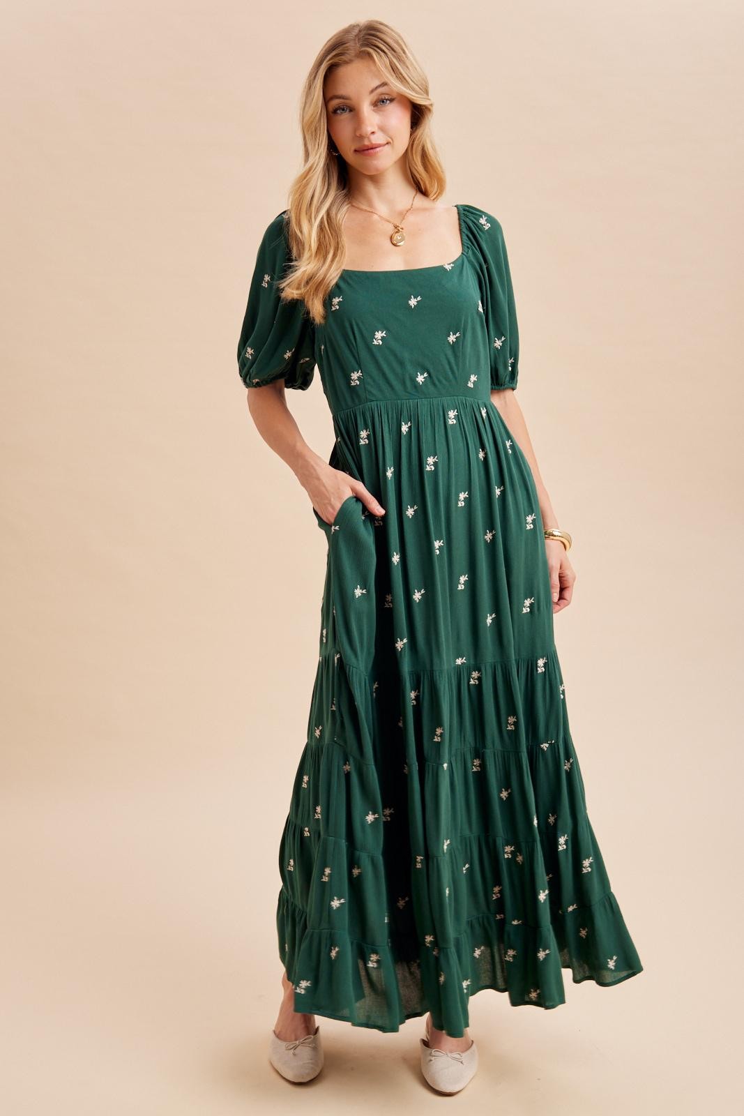 Forest Green Embroidered Tiered Maxi Dress