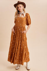 Sepia Embroidered Tiered Maxi Dress