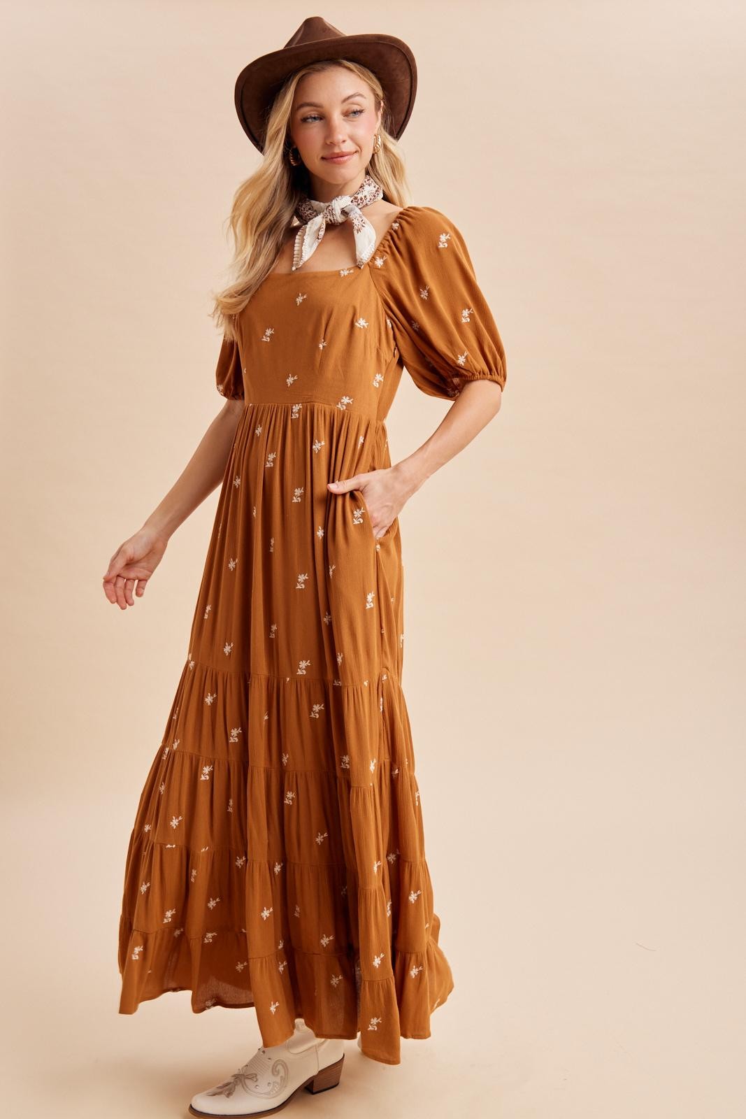 Sepia Embroidered Tiered Maxi Dress