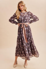 Brown Floral Sash Tiered Maxi Dress