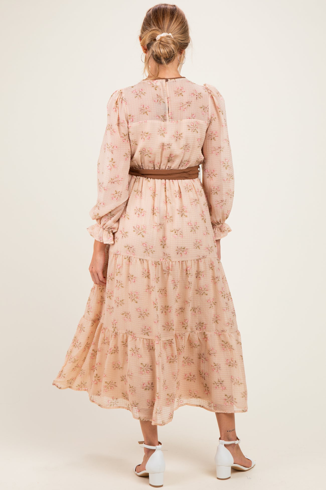 Dusty Peach Floral Sash Tiered Maternity Maxi Dress