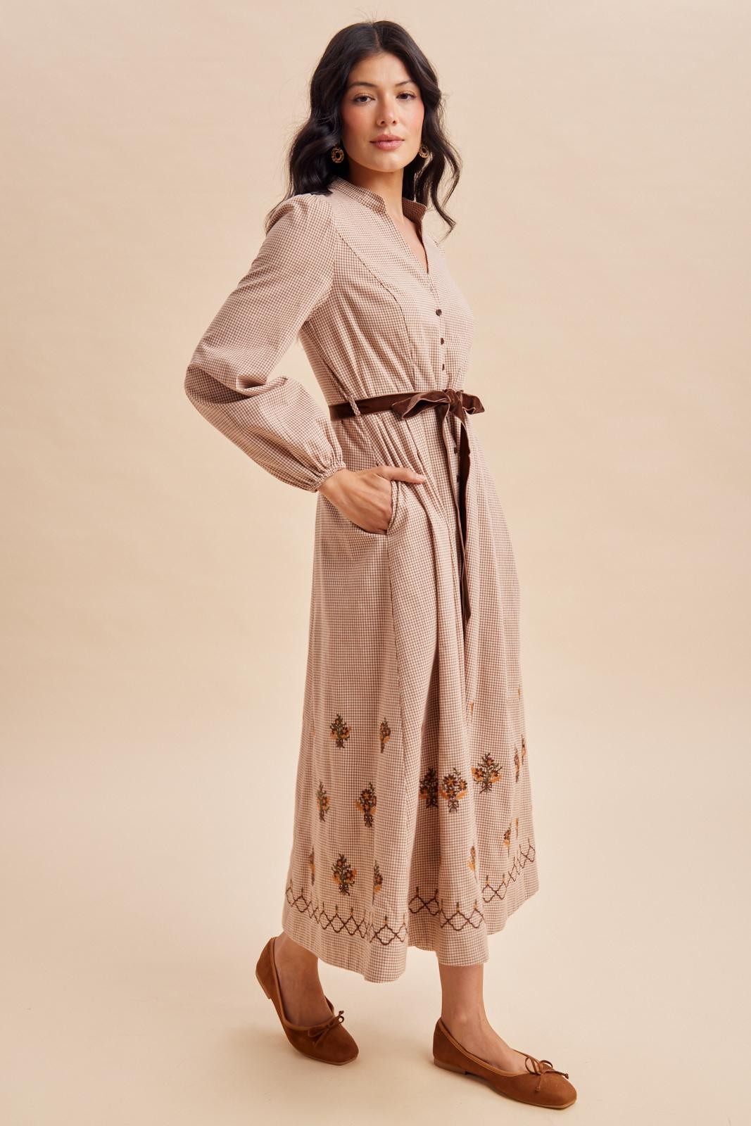 Sepia Button Down Embroidered Plaid Midi Dress